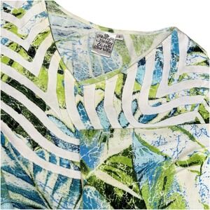 Parsley & Sage Green Tropical Palm V-Neck 3/4 Sleeve 100% Cotton Shirt Women's L